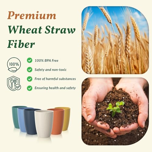 Colorful 12oz Wheat Straw Unbreakable Drinking Glasses - Stackable Water Tumblers, Safe & Dishwasher Safe (6 pcs)