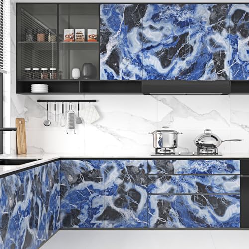 WESTICK Blue Glossy Marble Contact Paper for Countertops Self Adhesive Marble Counter Top Peel and Stick Waterproof Blue Granite Contact Paper for Kitchen Backsplash Table Desk Vinyl 15.8"x80"