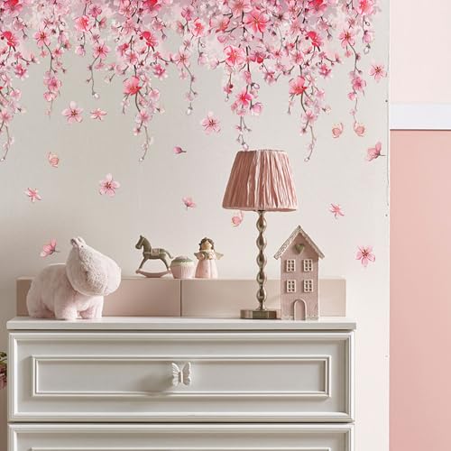 Cherry Blossom Flower Vine Wall Decal Peel and Stick Removable Floral Wall Art for Girls Bedroom Nursery Living Room Decor with Hanging Vines Blossoms