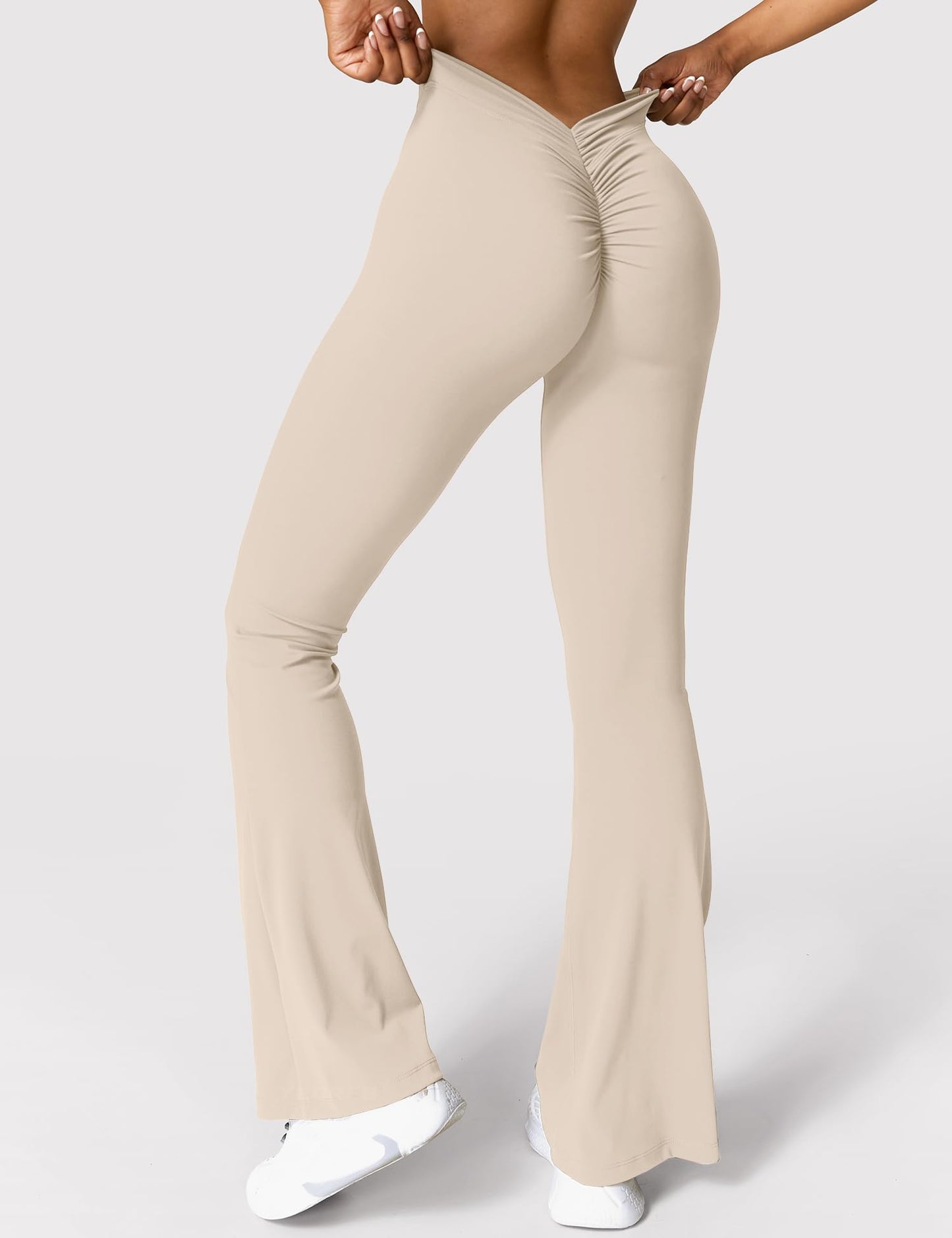 YEOREO Boost Flare Leggings V Back Scrunch Butt Lifting High Waist 31.5" Gym Workout Yoga Pants Light Khaki S