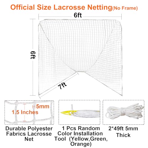 5mm Heavy Duty Lacrosse Goal Net 6x6x7ft with Installation Tool