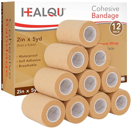 HEALQU Self Adhesive Bandage Wrap - 12 Rolls 2in x 5yd Cohesive Tape