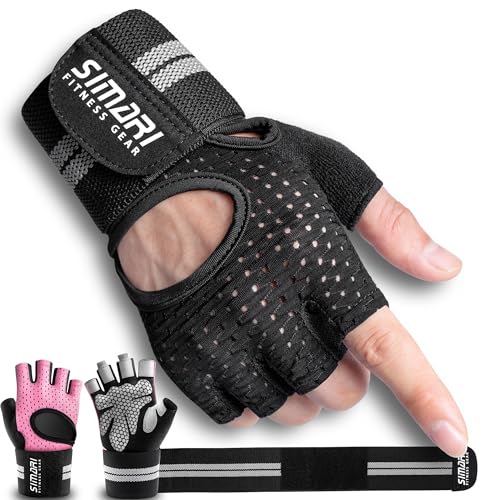 Breathable Workout Gloves with Wrist Wraps - Fingerless Black, Large