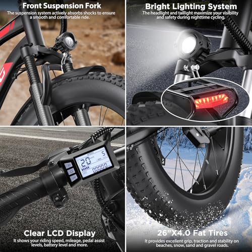 Electric Fat Bike for Adults - 1000W, 20MPH, 60 Miles - Black-Red