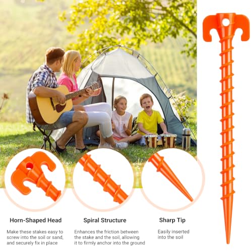 Hikemax 15 Pack Orange Plastic Spiral Tent Stakes, 10 Inch Ground Anchors