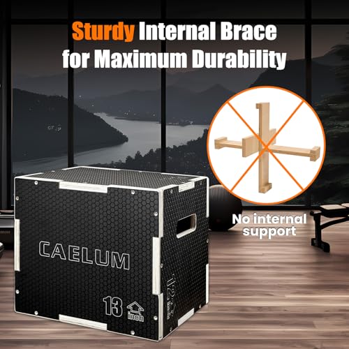 CAELUM 3-in-1 Black Wooden Plyometric Jump Box - 16 x 13 x 12 Inches, Non-Slip Gym Equipment