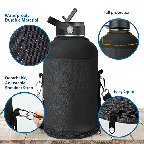 BUZIO 64oz Insulated Water Bottle Sleeve with Strap - Black, Durable & Portable