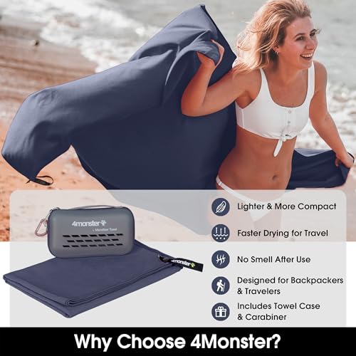 Quick Dry Microfiber Travel Towel with Case & Carabiner - Navy Blue, 47" x 23.6"