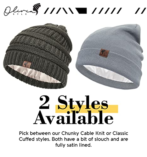 Satin Lined Beanie for Women - Cuffed Silk Winter Hat - Light Gray