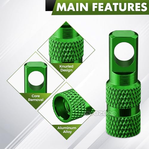Aluminum Presta Valve Stem Dust Caps with Core Remover - 4 Pack - Green
