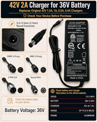 VHBW 42V 2A Universal Scooter Charger with 5 Connectors for 36V EBikes & Scooters
