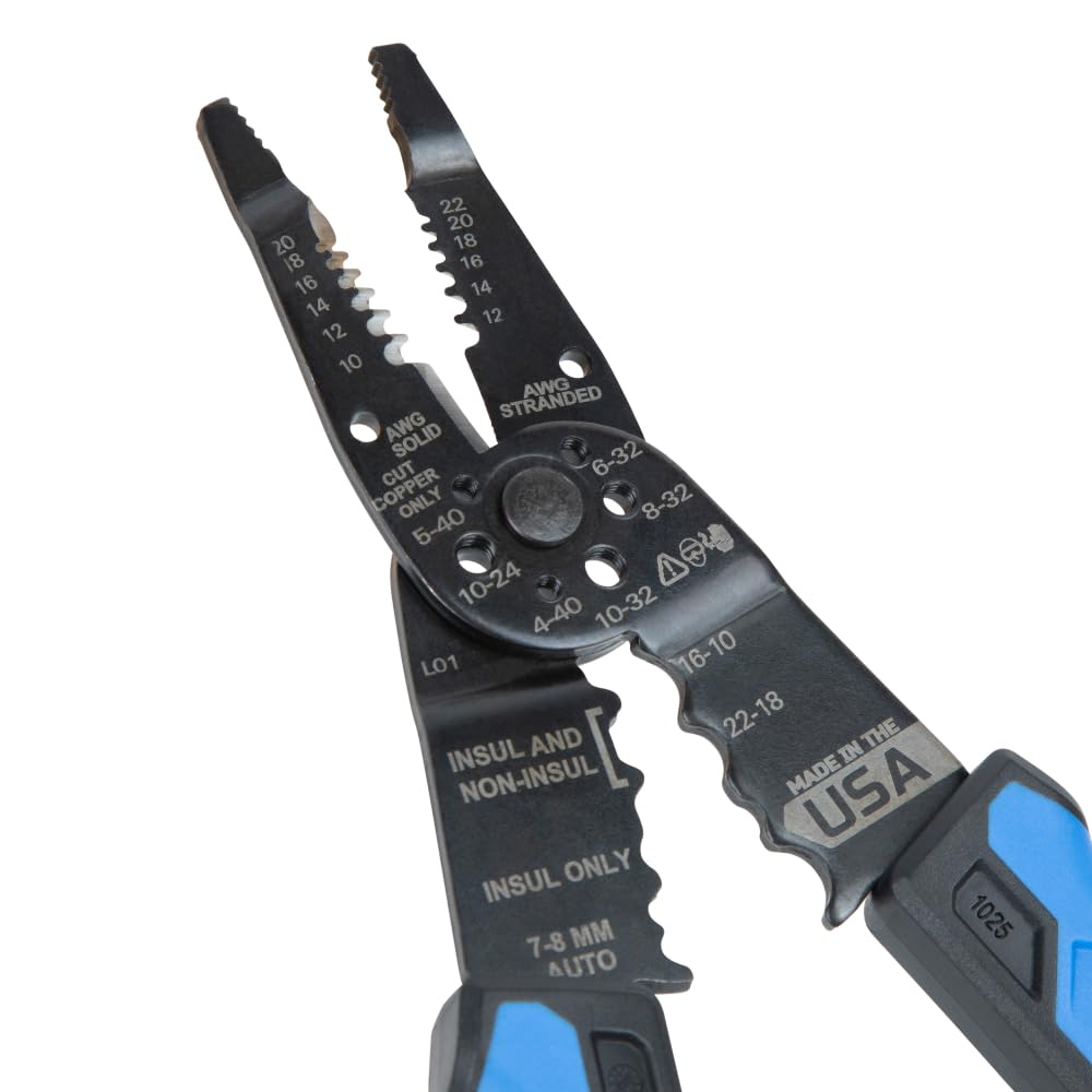 Klein Tools 1025 Long Nose Multi-Purpose Wire Stripper Tool, Made in USA Professional Electrician Tools, Crimping Tool, Cable Stripper for 10-20 AWG Solid, 12-22 AWG Stranded Wire