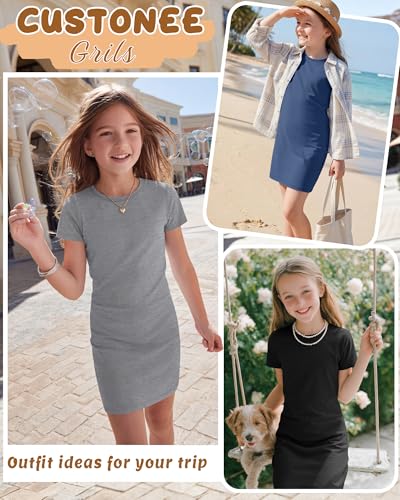Girls Bodycon T-Shirt Dresses - 3 Pack, 7-8 Years - Black, Gray, Blue