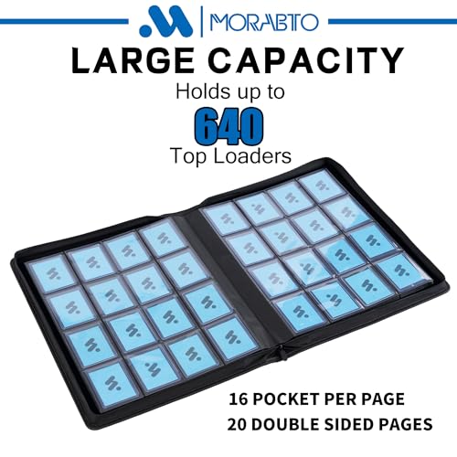 MORABTO Black 16 Pocket Top Loader Binder Holds 640 3x4 Cards - Heavy Duty