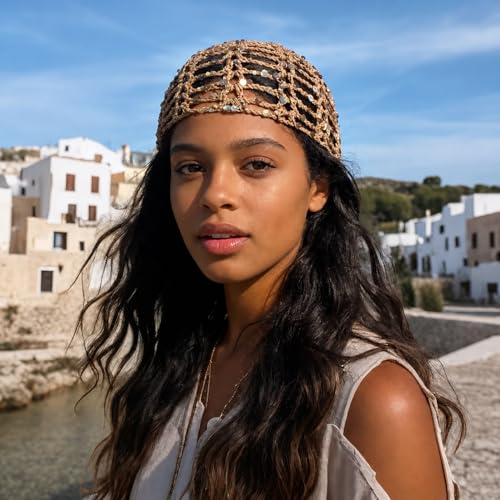 Women’s Sequin Crochet Beanie Hat - A-Khaki, Boho Style