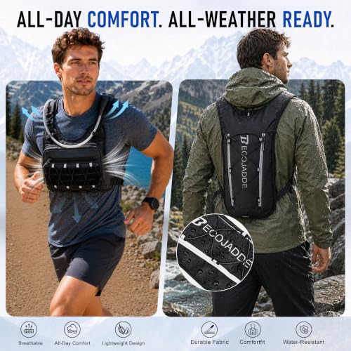 BECOJADDE Men's Hydration Running Vest with 2L Water Bladder - Pitch Black, Standard Set