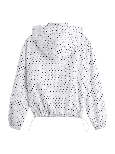 Verdusa Women's Windbreaker Jacket Hoodie with Pockets - White/Black Polka Dots (Medium)