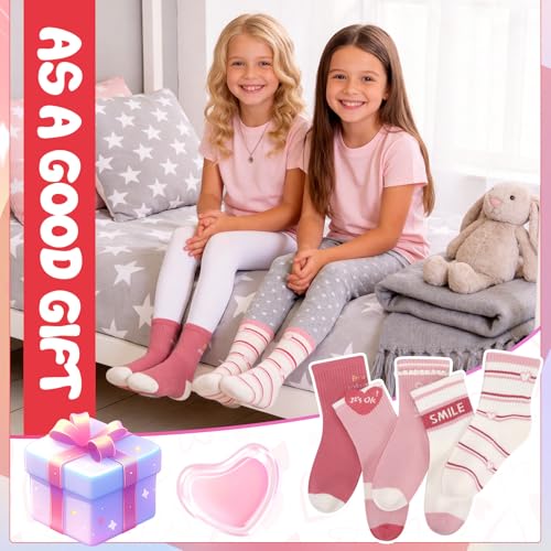 Kids Girls Crew Athletic Socks - 5 Pairs, Pink & White, Ages 9-12