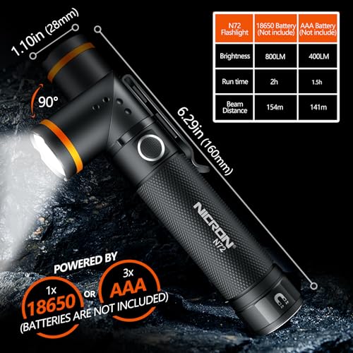 NICRON Flashlight, N72 800 Lumens Tactical Flashlight, 90 Degree Flashlight IPX4 Waterproof Led Flashlight 4 Modes- Best High Lumens are for Camping, Outdoor,Maintain (18650/AAA Not Included)
