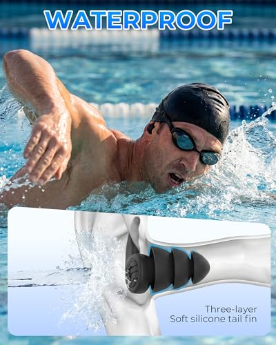 Swimming Earplugs - Waterproof Silicone Ear Protection - 3 Pairs, Black, Gray, Blue