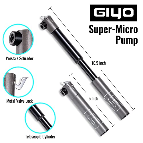GIYO Mini Bike Pump with All Metal CNC Valve Lock for MTB Schrader & Presta 80 PSI