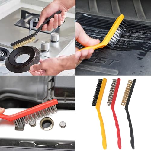 Wire Brush Set, 9-Piece, for Removing Weld slag, Rust and dust. Wire Cleaning Brushes comprise Three Different Sizes, Featuring Brass, Nylon and Stainless Steel Bristle Heads respectively,Colour