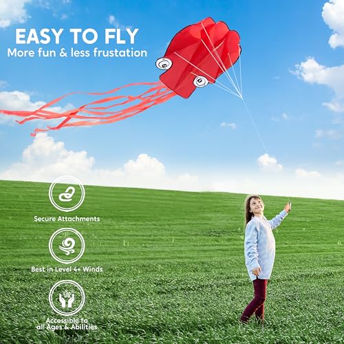 Large Red Octopus Kite - Easy-Fly Design for Kids & Adults with 328ft Line