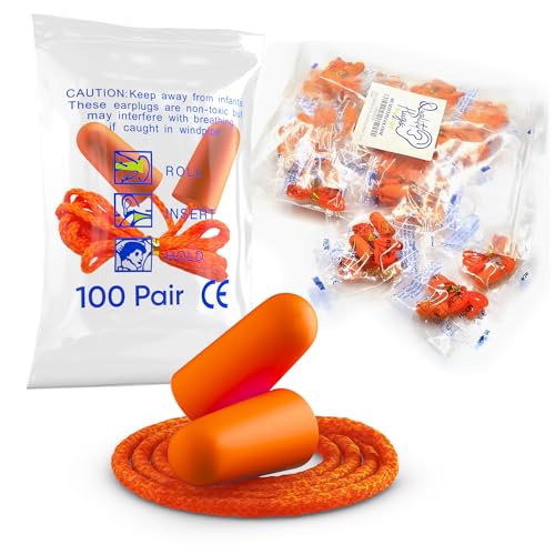 Foam Corded Ear Plugs 100 Pair - 32dB Noise Cancelling Shooting Hearing Protection Ear Plugs for Noise Reduction Construction Work Safety Mowing Industrial - Disposable Ear Plugs with Cord Bulk