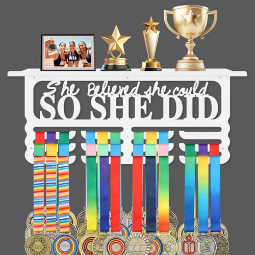 Wall-Mounted Medal Holder - Holds Up to 50 Medals - She Believed with Shelf - White