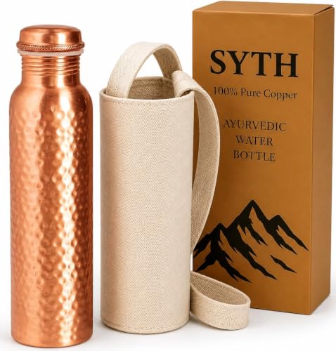 SYTH Hammered Copper Water Bottle 34 OZ with Canvas Bag - Handcrafted Ayurvedic Leakproof Drinkware