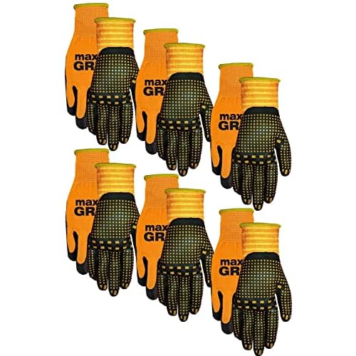 Midwest Gloves & Gear 94P06-LX-00 Grip 6 Pack Men's Max Performance Glove, Orange- Fits Large-XL