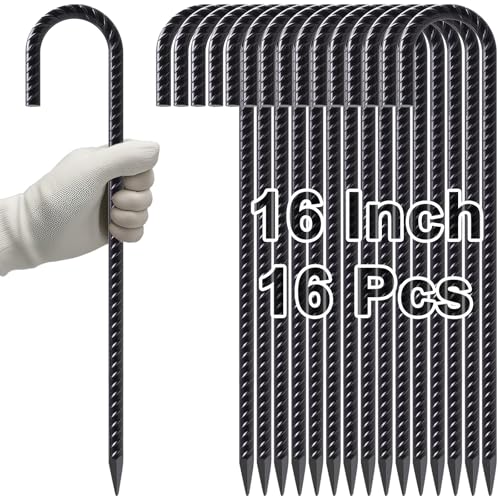 VVOKGO Heavy Duty 16 Inch Rebar Stakes J Hook 16 Pcs Black Coated for Fencing & Outdoor Use