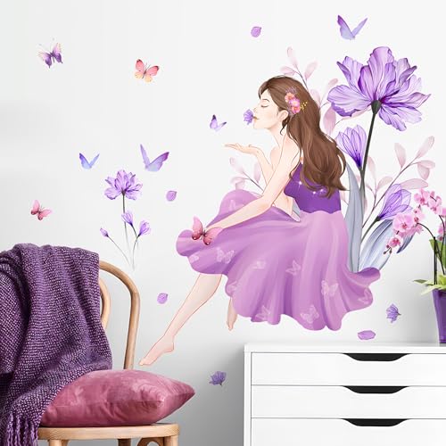 Butterfly Girl Wall Decals - Purple Flower Stickers, Fairy Decor for Girls Women Bedroom, Living Room, Sofa, TV Background