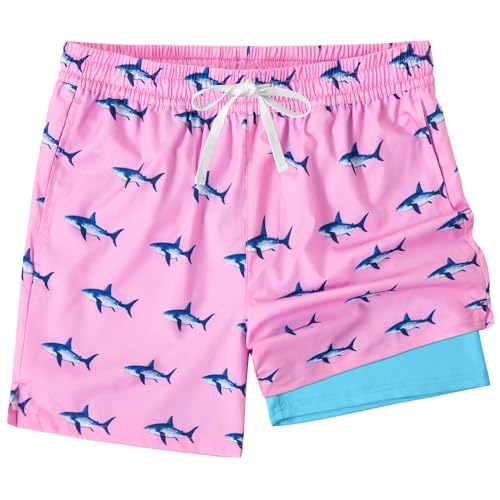 Men's 2-in-1 Swim Trunks Quick Dry Beach Shorts with Pockets - Shark Pink, Small
