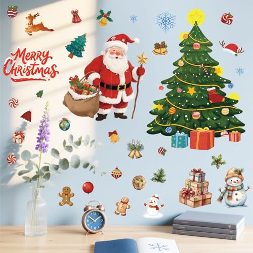 Christmas Wall Decals Removable - Winter Peel and Stick Window Clings, 6-Sheet Set with Snowman, Santa Claus, Large Christmas Tree Designs for Home, Office, Bedroom, Living Room, Party Winter Decor