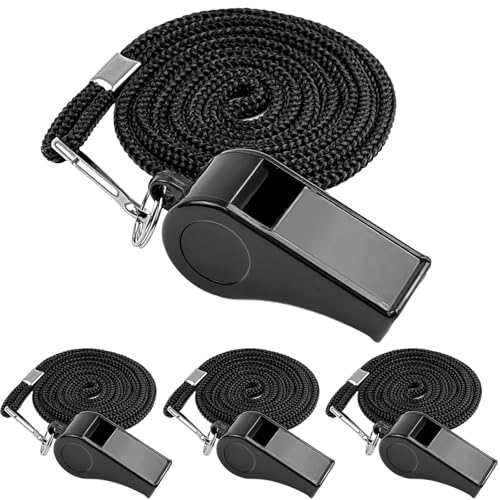 4 Pack Thick Plastic Sports Whistles with Lanyards - Loud Coach & Referee Gear