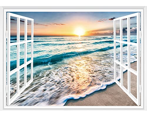 Faux Window Wall Mural - Sunset Beach Wall Sticker 16"x24"