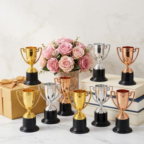 Mini Trophy Cups Set - 6 Pcs 4 Inch Plastic Awards in 3 Colors