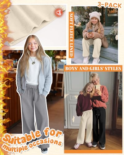 LessonZoo 3-Pack Girls Fleece Sweatpants - Large Apricot, Gray, Black