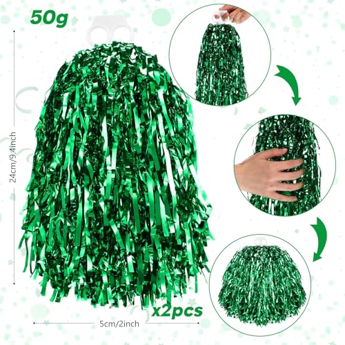 Green Cheerleading Pom Poms XL Hand Flowers 2-Pack - Sparkling Metallic Foil for Sports & Events