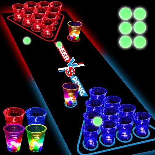 Glow-in-The-Dark Beer Pong Set with Table Mat, Cups, LED Lights & Pongs for Indoor Outdoor Party