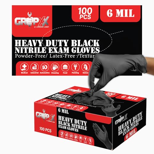 Heavy Duty 6 Mil Black Nitrile Gloves - Disposable, Latex & Powder Free | Mechanic, Food Prep & Tattoo | Rubber Gloves for Cooking, Cleaning & Household | Pack of (200)