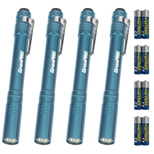 GRENPRO Blue LED Pen Light 4 Pack with Batteries - Mini Aluminum Flashlights for Inspection, Nurses, Everyday Carry