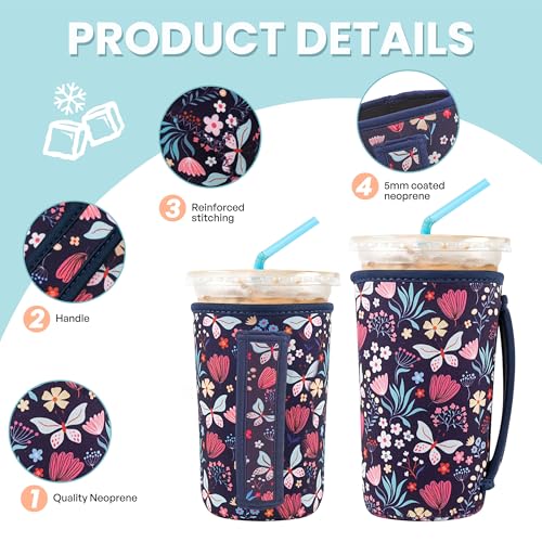 Reusable Iced Coffee Sleeves - Insulated Neoprene for Cold Drinks - Butterfly Bush