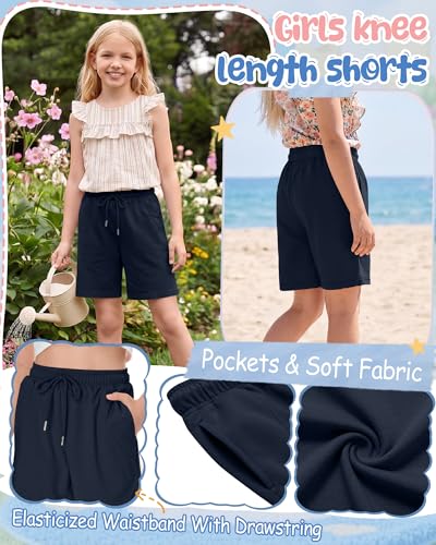 Wide Leg Girls Bermuda Shorts - Navy Blue, 11-12 Years