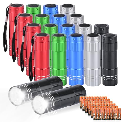 20 Pack of Flashlights 9 LED Mini Aluminum Flashlight Bulk with Lanyard 60 AAA Batteries Included Assorted Colors Handheld Flashlights for Hurricane Supplies Camping, Night Reading, Cycling