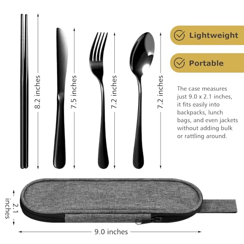 5-Piece Matte Black Stainless Steel Travel Utensil Set with Waterproof Case