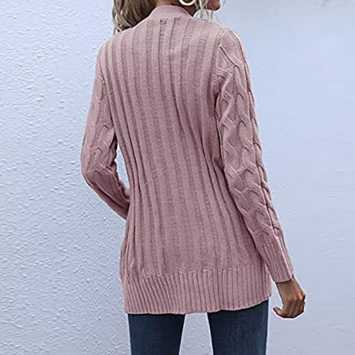 Chunky Cable Knit Cardigan Sweater with Pockets - Large Pink