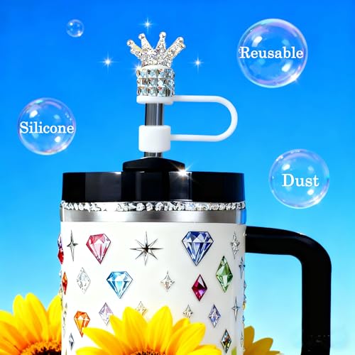Diamond Rhinestone Straw Topper Set for Stanley Cup - White Crown