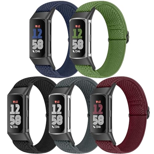 Bcuckood 5 Pack Elastic Nylon Watch Bands for Fitbit Charge 6/5 - Adjustable Breathable Sport Straps, Includes Black, Grey, Indigo, Navy Green, Wine Red